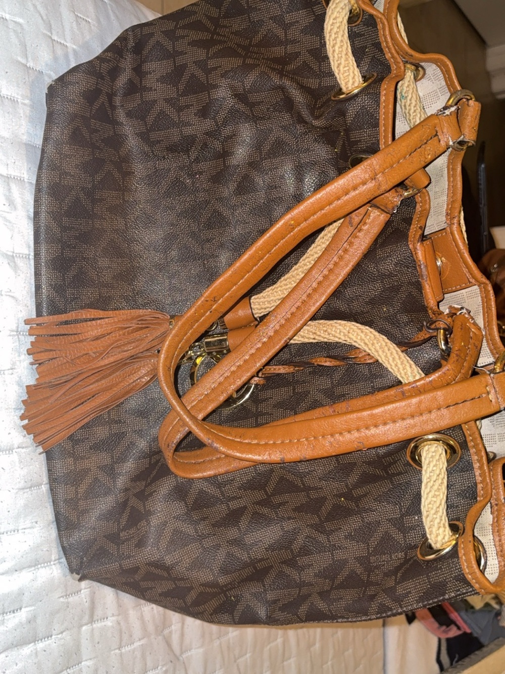 Michael Kors Brown Logo Tote with Tan Leather Handles and Tassel